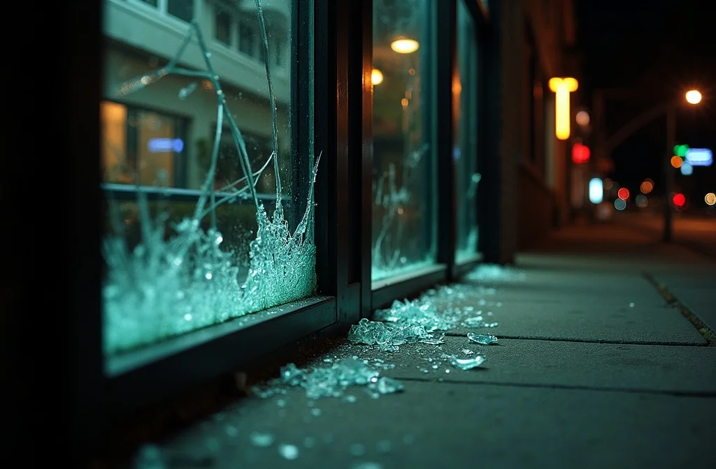 Close detail of the broken Western Sydney shopfront window with glass on the footpath before work