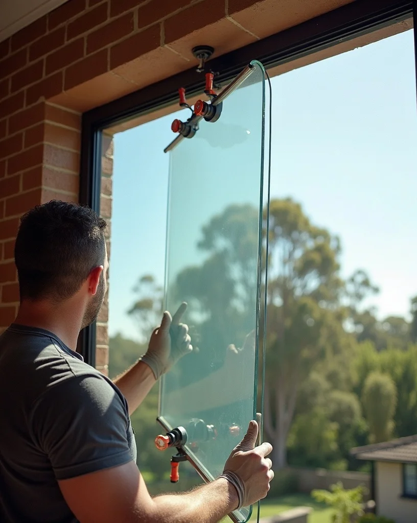 A glazier fitting a made-to-measure pane of glass into a Western Sydney home, clean daylight on the new glass