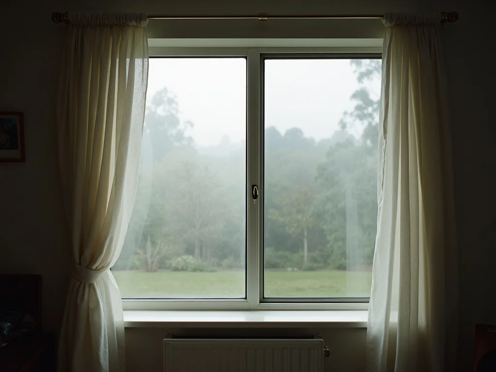 A foggy, misted double-glazed lounge window with trapped condensation before the unit was replaced