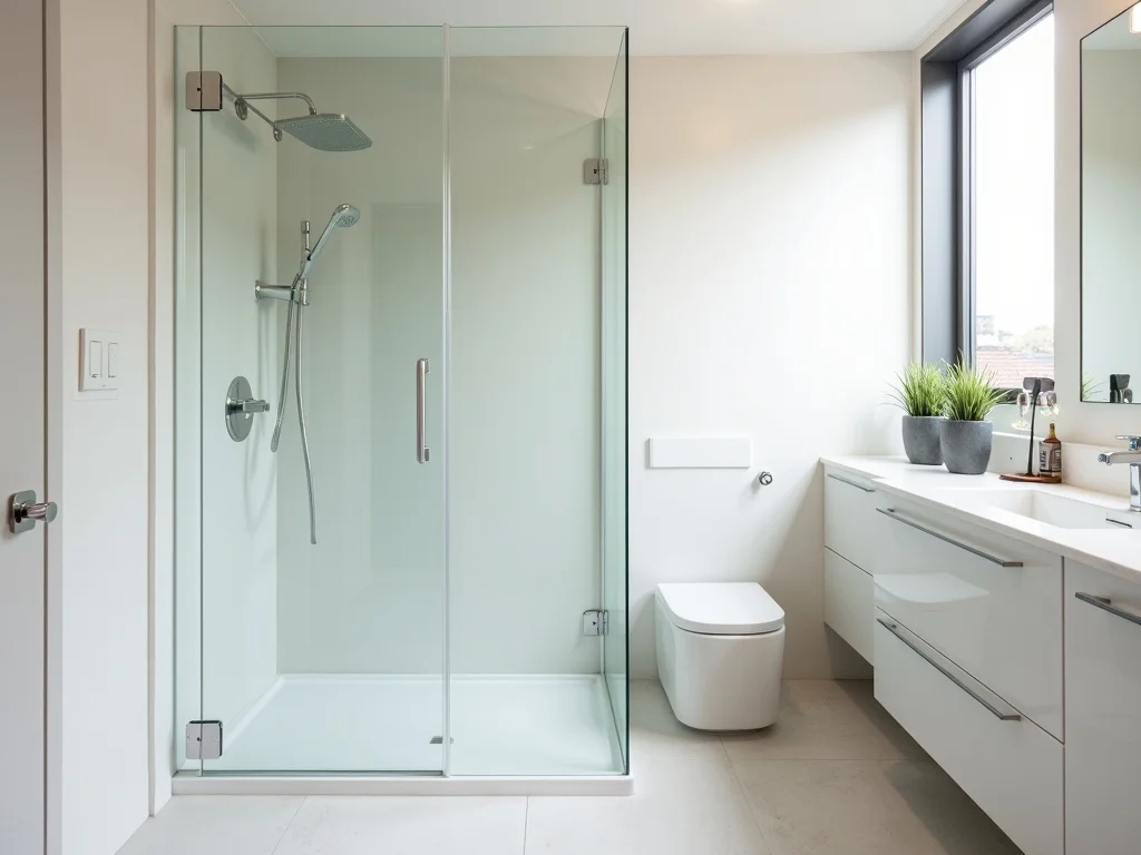 A clean frameless 10mm toughened-glass shower screen fitted to fresh tiling in a Western Sydney ensuite