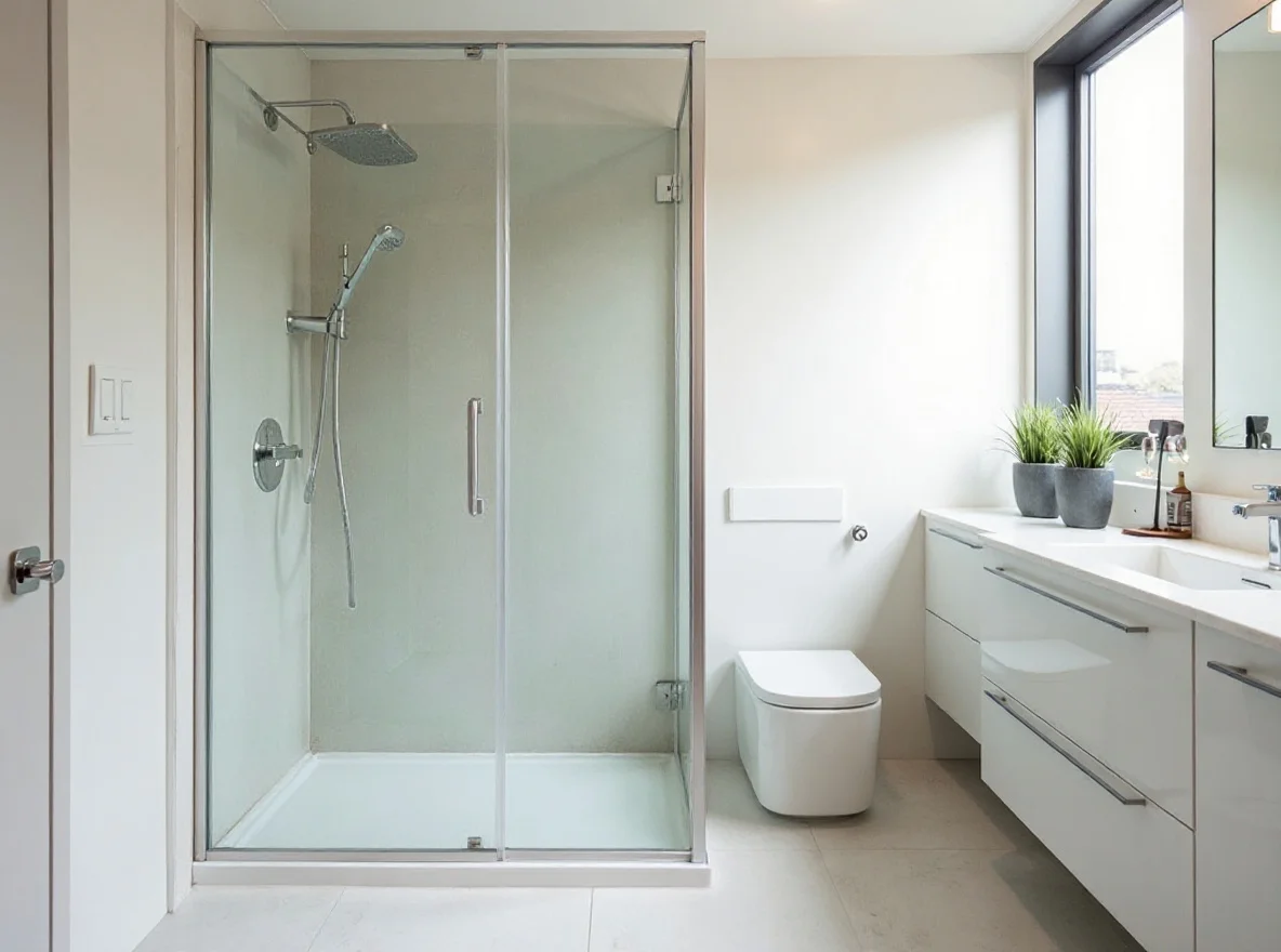 A dated framed shower enclosure with discoloured frames and seals in the same Western Sydney bathroom