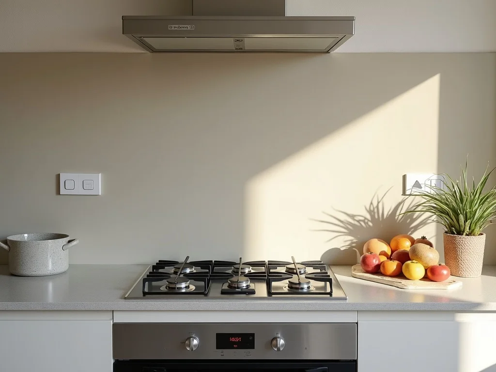 A seamless colour-matched toughened-glass splashback behind a cooktop in a Western Sydney kitchen