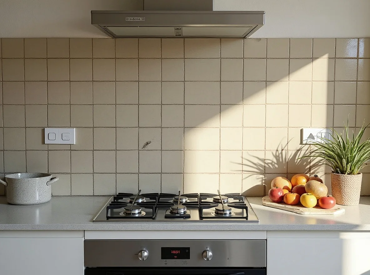Dated wall tiles with stained grout behind the cooktop in the same Western Sydney kitchen before the splashback
