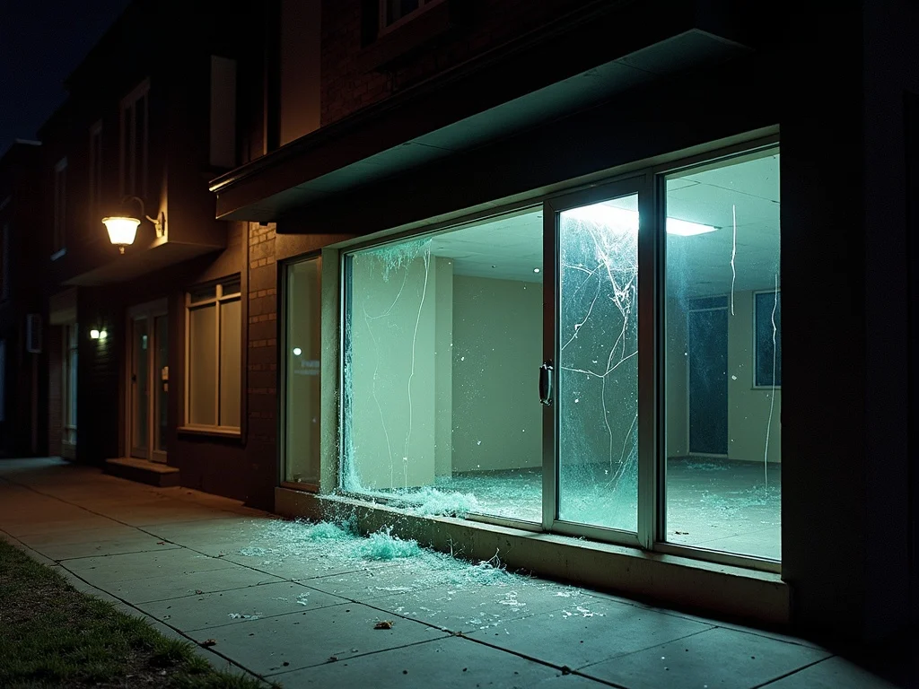 A smashed Western Sydney shopfront display window at night, glass across the footpath before work