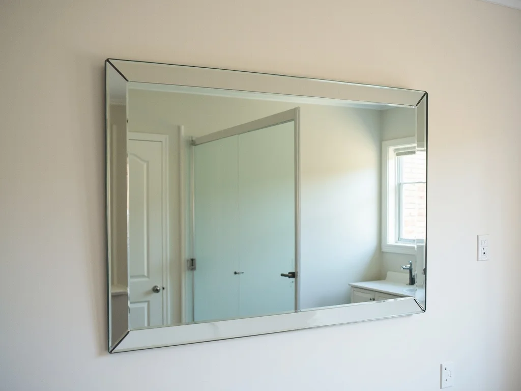 A large bevelled-edge feature mirror fitted level on a Western Sydney home-gym wall, cut around the power points