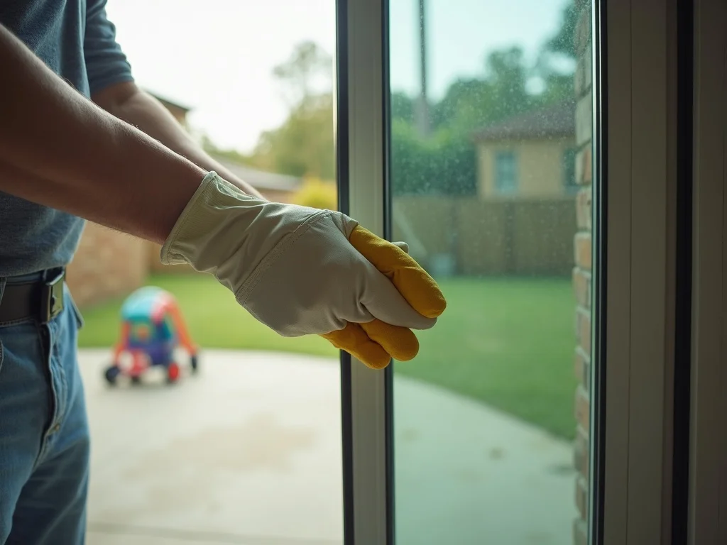 Gloved hands pressing a new toughened-glass pane into a sliding-door frame in a Western Sydney home, backyard sharp through the fresh glass