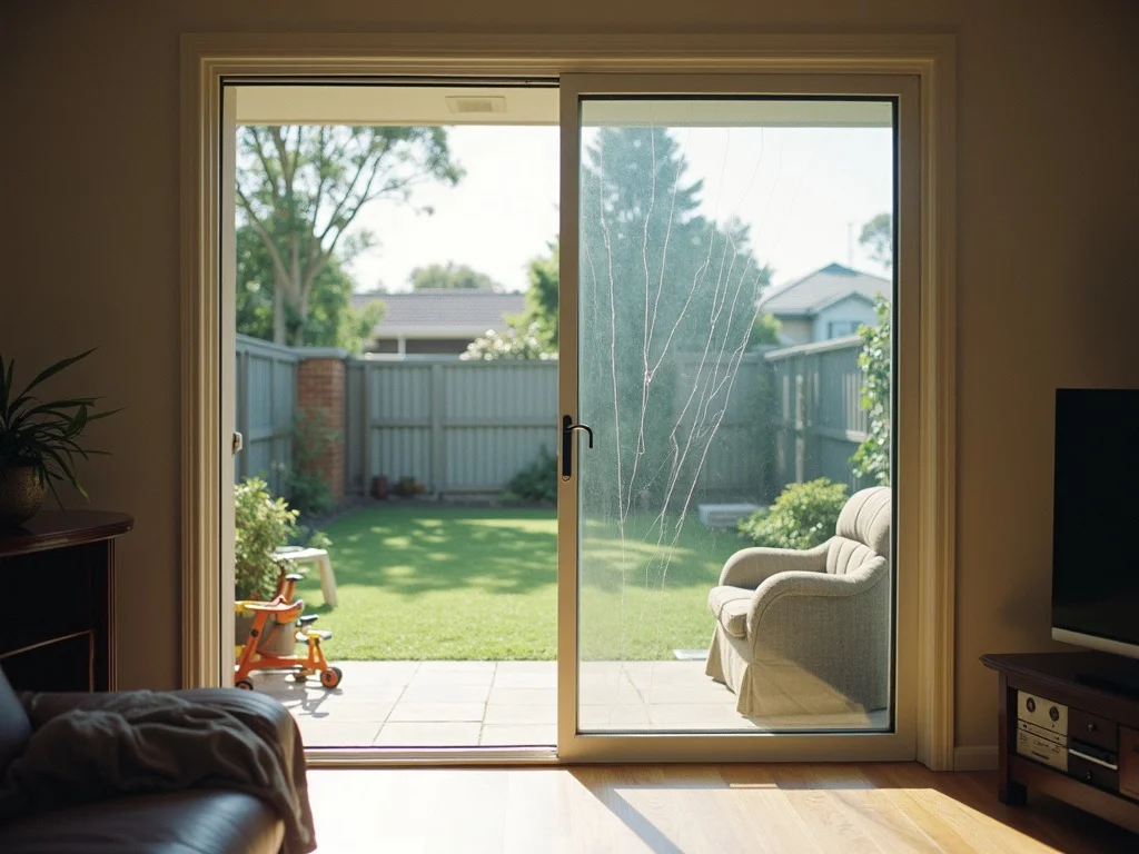A cracked aluminium sliding-door glass pane in a Western Sydney family home before replacement